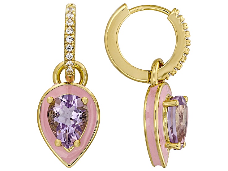Pink Amethyst with White Lab Created Sapphire 18K Yellow Gold Plated Enamel Earrings 3.55ctw