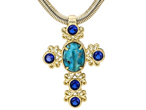 Blue Composite Turquoise 18K Yellow Gold Over Brass Cross Pendant With Chain
