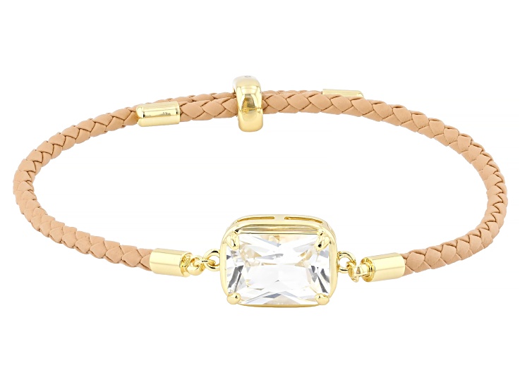 White Lab Created Sapphire 18K Yellow Gold Plated & Leather Cord Adjustable Bracelet 6.12ctw