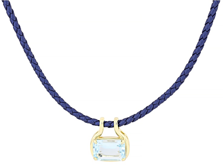Sky Blue Topaz 18K Yellow Gold Plated Solitaire Pendant With Blue Braided Leather Cord 6.42ct