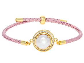 White Cultured Freshwater Pearl 18K Gold Plated & Pink Leather Cord Adjustable Bracelet 0.17ctw