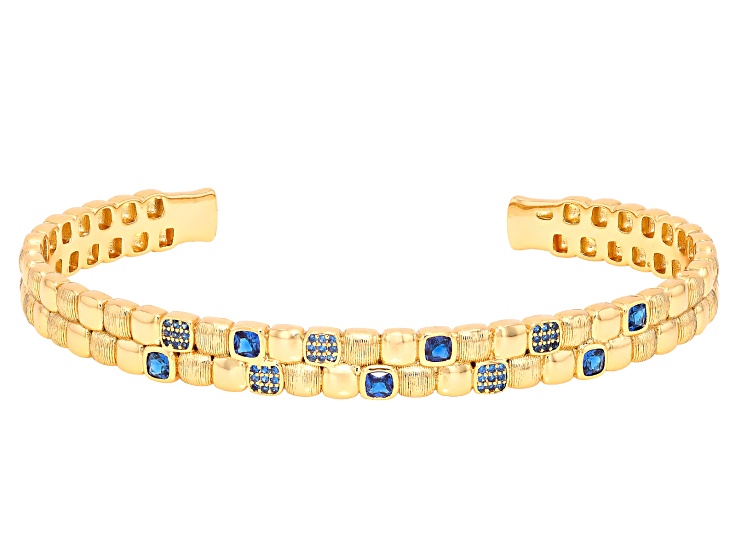 Blue Lab Created Spinel 18K Yellow Gold Plated Brushed Bangle 1.49ctw