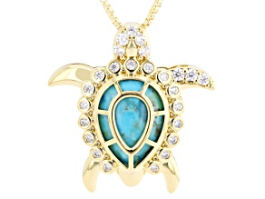 Blue Composite Turquoise with White Zircon 18K Yellow Gold Plated Turtle Pendant with Chain 0.56ctw