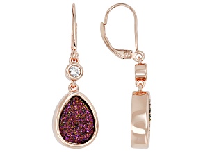 Rose Drusy Quartz with White Lab Created Sapphire 18K Rose Gold Plated Earrings 6.98ctw