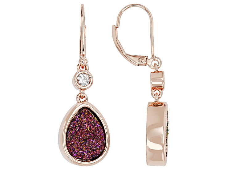 Rose Drusy Quartz with White Lab Created Sapphire 18K Rose Gold Plated Earrings 6.98ctw