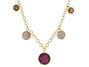 Rose, White and Yellow Drusy Quartz 18K Yellow Gold Plated Disc Charm Necklace 15.81ctw