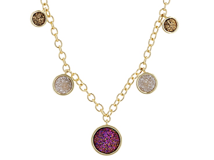 Rose, White and Yellow Drusy Quartz 18K Yellow Gold Plated Disc Charm Necklace 15.81ctw