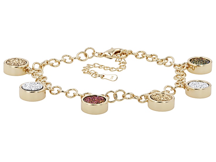 Rose, White and Yellow Drusy Quartz 18K Yellow Gold Plated Disc Charm Bracelet 20.40ctw
