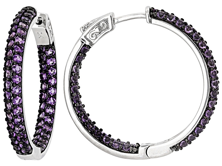 Purple Amethyst Rhodium Plated Hoop Earrings 3.75ctw