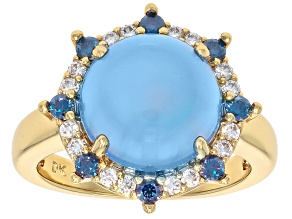 Blue Chalcedony With Blue & White Moissanite 18K Yellow Gold Plated Halo Ring 0.56ctw