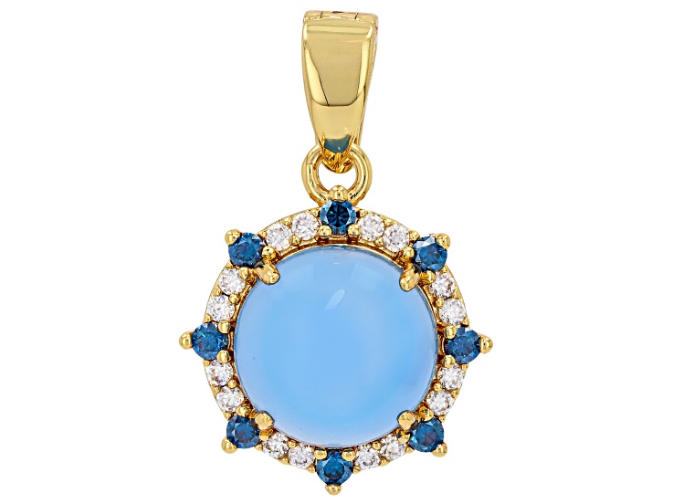 Blue Chalcedony With Blue & White Moissanite 18K Yellow Gold Plated Pendant with Enhancer 0.56ctw