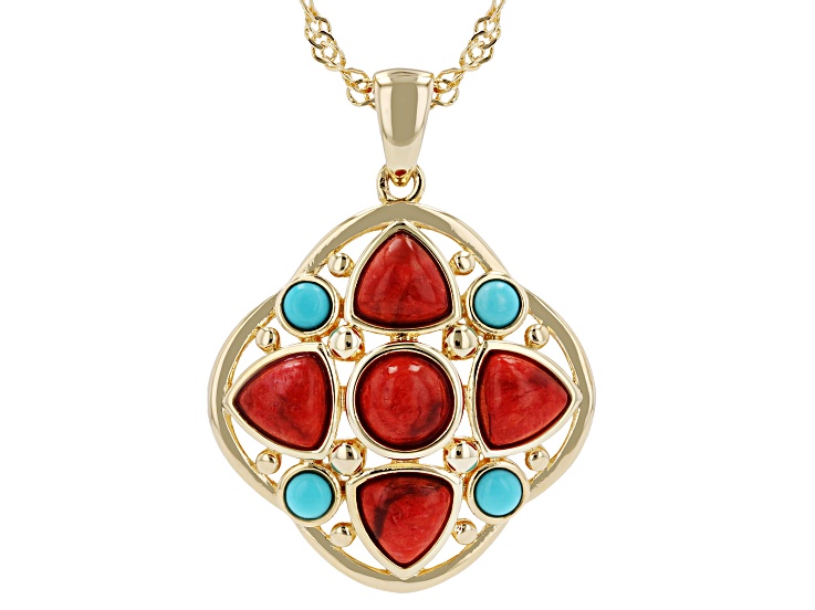 Red Sponge Coral With Blue Sleeping Beauty Turquoise 18K Yellow Gold Plated Pendant/Chain