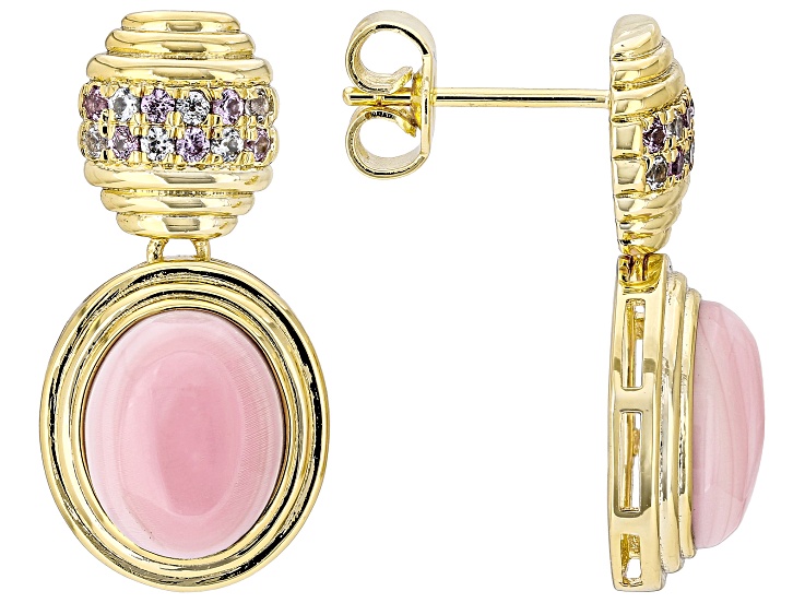 Pink Conch Shell With Lab Created Pink & White Sapphire 18K Gold Plated Earrings 0.30ctw