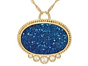 Blue Drusy Quartz With White Moissanite Yellow Gold Plated Necklace 30.26ctw