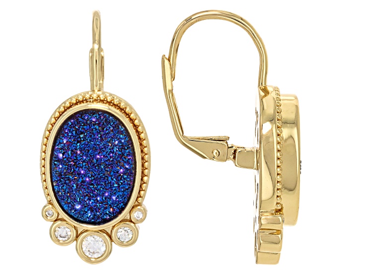 Blue Drusy Quartz With White Moissanite Yellow Gold Plated Earrings 12.24ctw