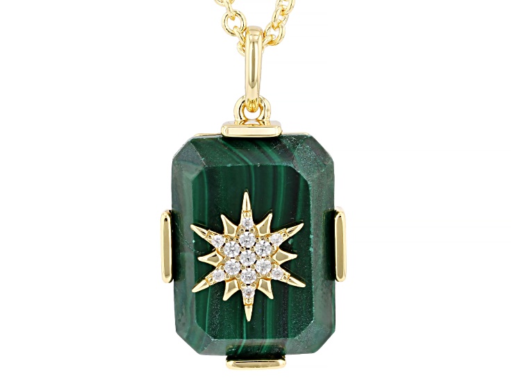 Green Malachite with White Zircon 18K Yellow Gold Plated Pendant with Chain 0.13ctw
