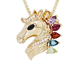 Multi-Color Gemstone 18K Yellow Gold Plated Brooch and Pendant with Chain 0.98ctw