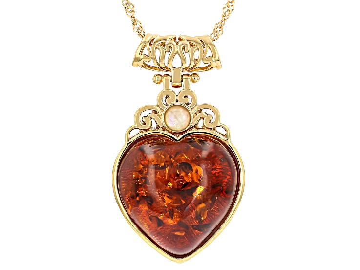 Orange Amber with White Rainbow Moonstone 18K Yellow Gold Plated Heart Pendant with Chain