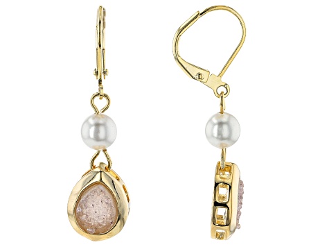 Drusy Agate & 6mm Pearl Simulant 18k Yellow Gold Over Brass Dangle Earrings