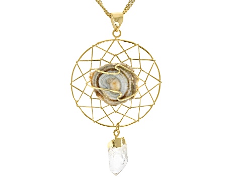 Concha Agate & Quartz 18K Yellow Gold Over Brass Dream Catcher Pendant