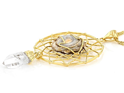 Concha Agate & Quartz 18K Yellow Gold Over Brass Dream Catcher Pendant