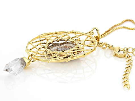 Concha Agate & Quartz 18K Yellow Gold Over Brass Dream Catcher Pendant