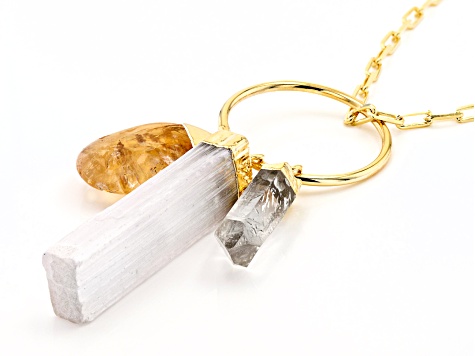 Crystal Quartz, Citrine, & Selenite 18K Yellow Gold Over Brass Pendant