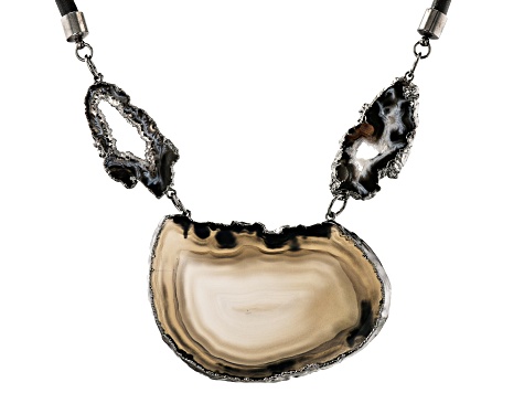 Agate Slices With Faux Leather Cord Titanium Over Brass Necklace