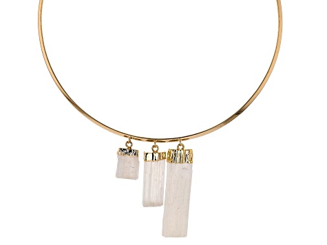 Rough White Selenite 18K Yellow Gold Over Brass Cuff Necklace