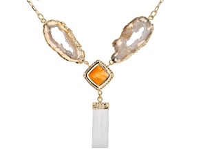 White Selenite, Oco Agate Slice, Carnelian and Cubic Zirconia 8K Yellow Gold Over Brass Necklace