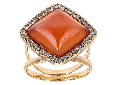 Red Carnelian and White Cubic Zirconia 18K Yellow Gold Over Brass Ring