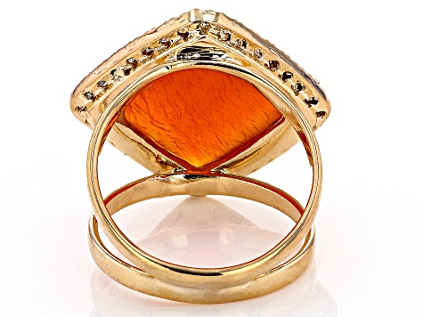 Red Carnelian and White Cubic Zirconia 18K Yellow Gold Over Brass Ring