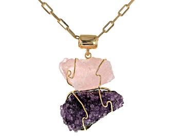 Picture of Amethyst and Rose Quartz 18K Yellow Gold Over Brass Necklace