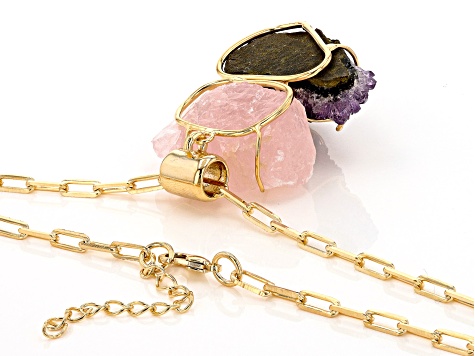 Amethyst and Rose Quartz 18K Yellow Gold Over Brass Necklace