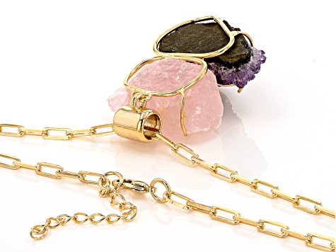 Amethyst and Rose Quartz 18K Yellow Gold Over Brass Necklace - BRZ093