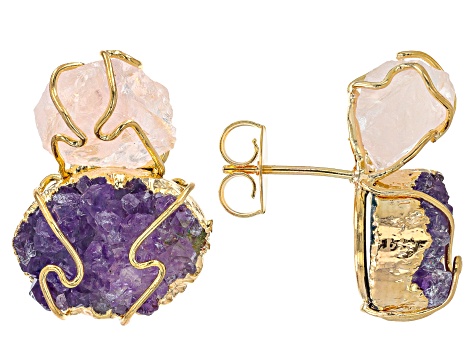 Rough Amethyst and Rough Rose Quartz 18K Yellow Gold Over Brass Stud Earrings