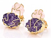 Rough Amethyst and Rough Rose Quartz 18K Yellow Gold Over Brass Stud Earrings