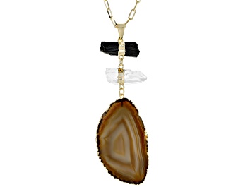 Picture of Clear Crystal Quartz, Multi-Color Agate, and Black Tourmaline 18k Yellow Gold Over Brass Necklace