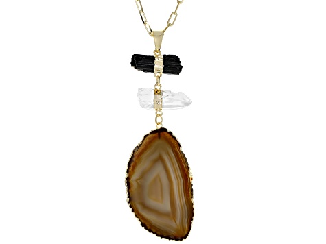 Clear Crystal Quartz, Multi-Color Agate, and Black Tourmaline 18k Yellow Gold Over Brass Necklace