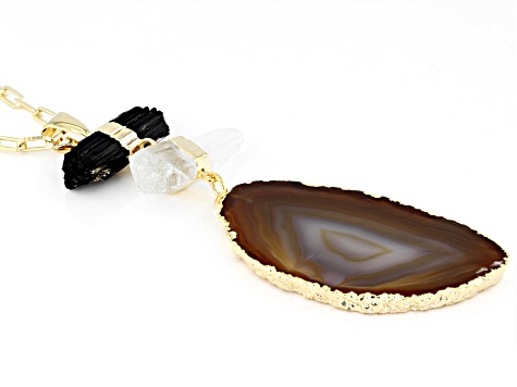 Clear Crystal Quartz, Multi-Color Agate, and Black Tourmaline 18k Yellow Gold Over Brass Necklace