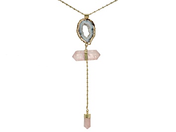 Picture of Free-form Occo Agate and Rose Quartz 18k Yellow Gold Over Brass Necklace