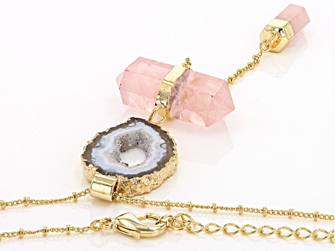 Free-form Occo Agate and Rose Quartz 18k Yellow Gold Over Brass Necklace