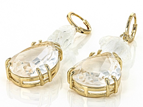 Rough Quartz and Quartz 18k Yellow Gold Over Brass Dangle Earrings