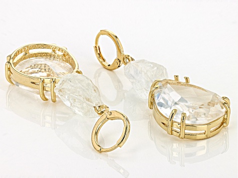 Rough Quartz and Quartz 18k Yellow Gold Over Brass Dangle Earrings