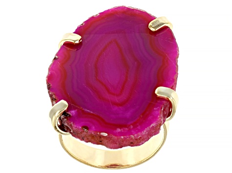 Pink Agate Slice 18K Yellow Gold Over Brass Slab Ring