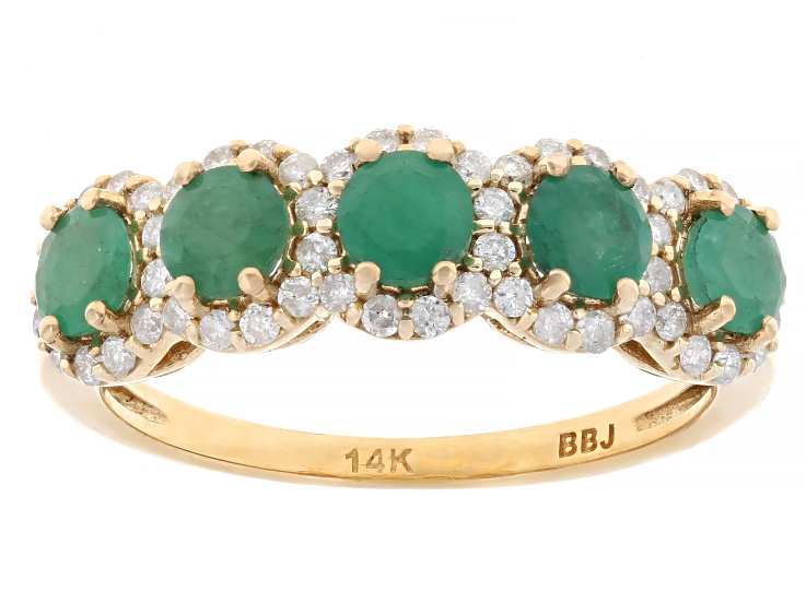 Green Emerald With White Diamond 14K Yellow Gold 5-Stone Ring 1.40ctw