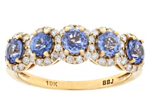 Blue Sapphire With White Diamond 10K Yellow Gold 5-Stone Ring 1.58ctw