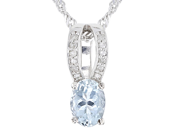 Blue Aquamarine with White Diamond Rhodium Over Sterling Silver Slide Pendant with Chain 0.61ctw