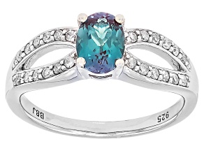 Blue Lab Created Alexandrite with White Diamond Rhodium over Sterling Silver Ring 0.86ctw