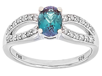 Picture of Blue Lab Created Alexandrite with White Diamond Rhodium over Sterling Silver Ring 0.86ctw